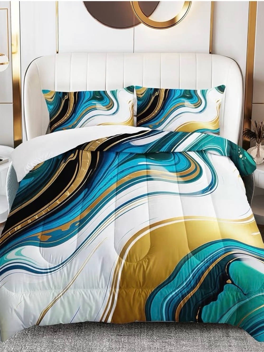 Twin size Modern Marble Wave Comforter Set in Teal, Gold & Black